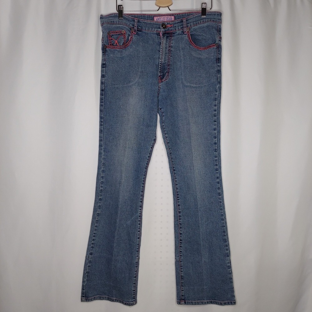 Apollo Flared Jeans Jr 17/18 Pink Topstitch Blue Denim Slit Hem Y2K Grunge Bratz